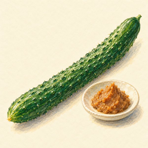 イボの立つ四川きゅうり1本と、小皿の味噌の挿絵